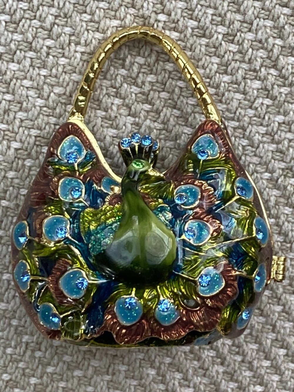 Cherished Treasures Peacock Purse Trinket Box Enamel Jeweled Hinged Keepsake